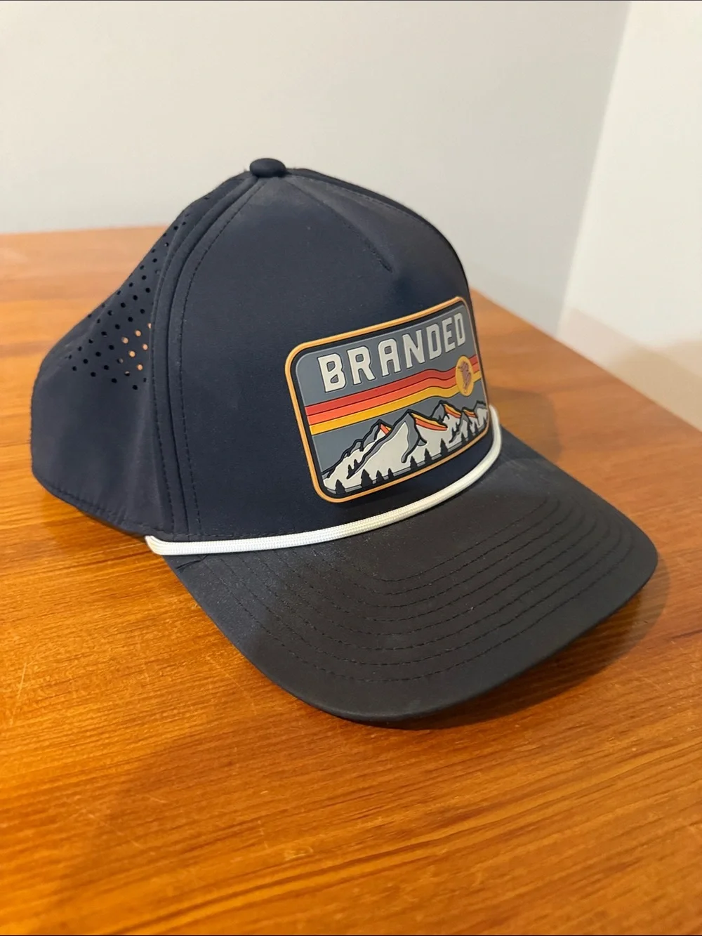 Branded Kids Navy Trucker Hat with Mountain Patch and White Rope